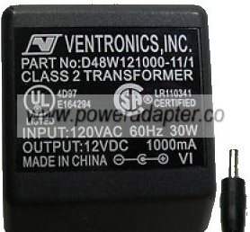 VENTRONICS D48W121000 AC ADAPTER 12VDC 1000mA USED VENTRONICS D48W121000 AC ADAPTER 12VDC 1000mA USED